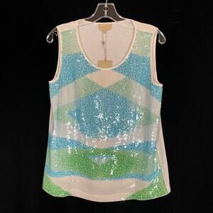 Ports 1961 Sequined Sleeveless Top Geometric Blue Green White NWT 8